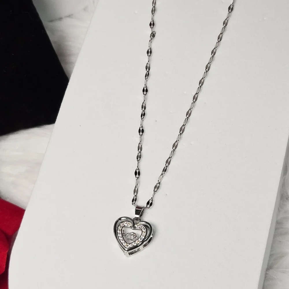 Silver Double Heart CZ Pendant Necklace – Stainless Steel Classy Elegant Minimal